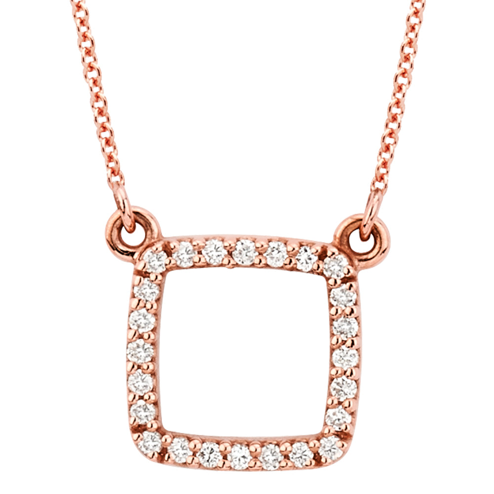 14K Solid Rose Gold Soft Open Square (0.11 ctw) Diamond Necklace