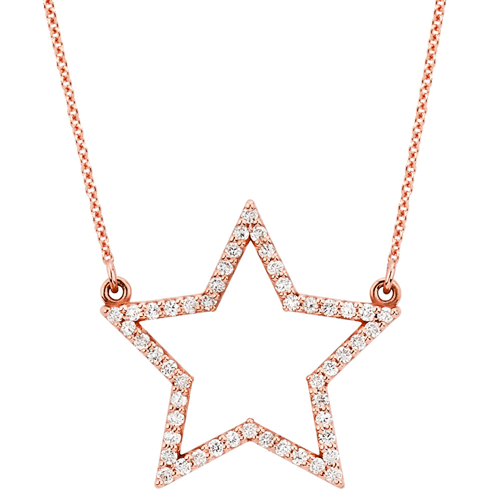 14K Solid Rose Gold Open Star Fine (.24ctw) Diamond Necklace