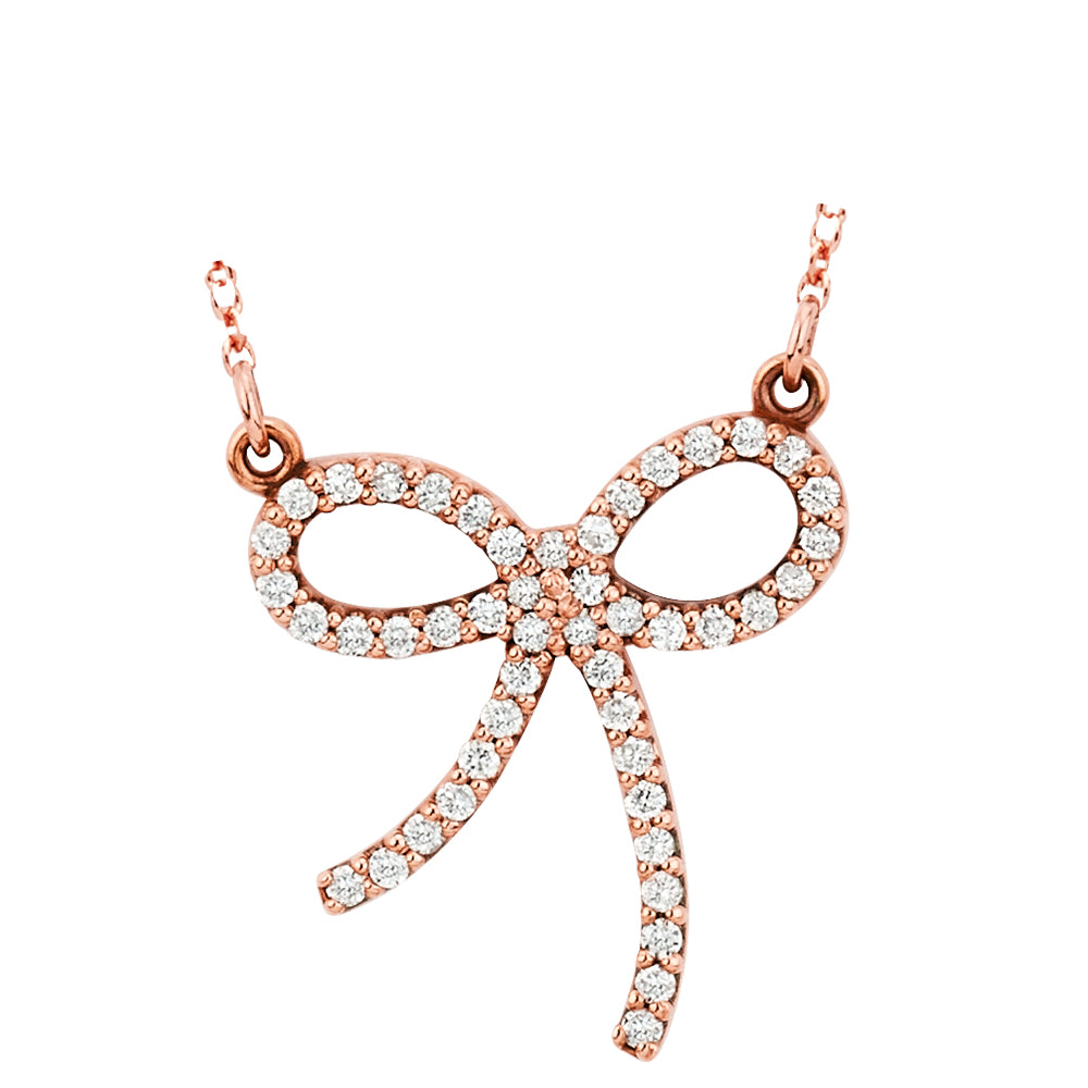 14K Solid Rose Gold (.25 ctw) Diamond Bow Necklace